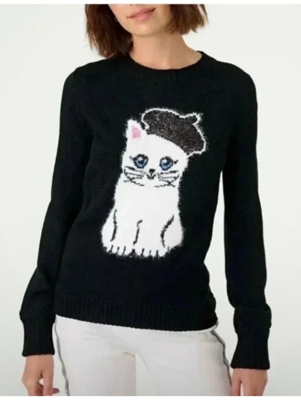 Karl Lagerfeld Sequin Beret Cat Sweater Sz XS